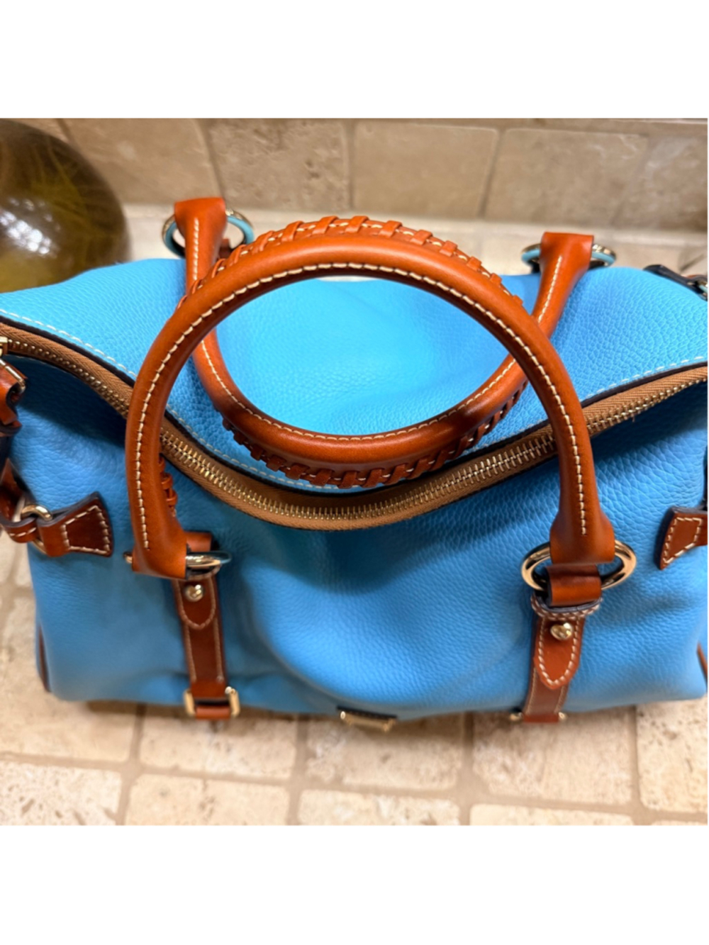 Dooney & Bourke Pebble Leather Large Satchel Sky Blue Brown Tassel Shoulder Bag - Picture 10 of 15